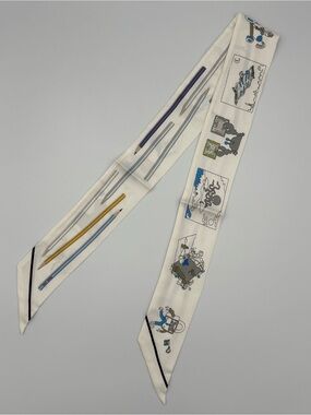 Hermes A Vos Crayons Twilly Scarf White Blue Silk Pencil Animal Print